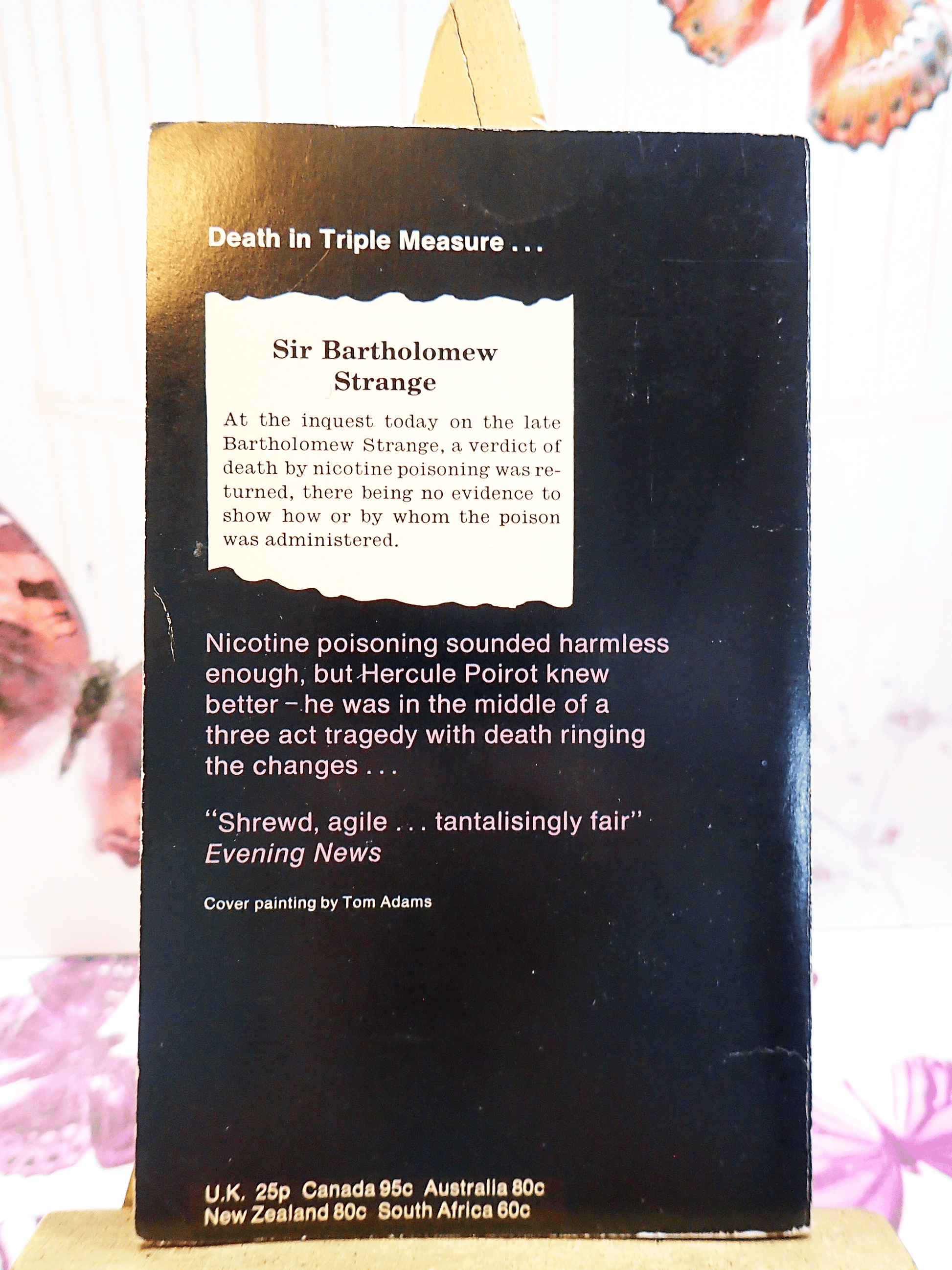 Back cover of Three Act Tragedy by Agatha Christie Vintage Pan Paperback Classic Crime book showing text blurb: "Death in triple measure..."
