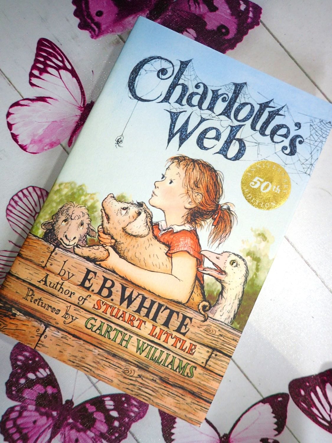 Front cover of Vintage Children's Book Charlotte's Web by E. B. White Puffin 50th Anniversary Edition. 