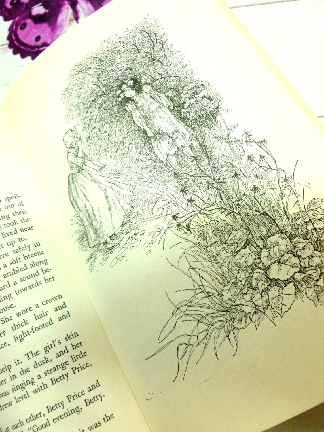 Page of Kings Conjurors and Crocks of Gold 1975 folk tale book with black and white illustration of girl amongst flowers. 