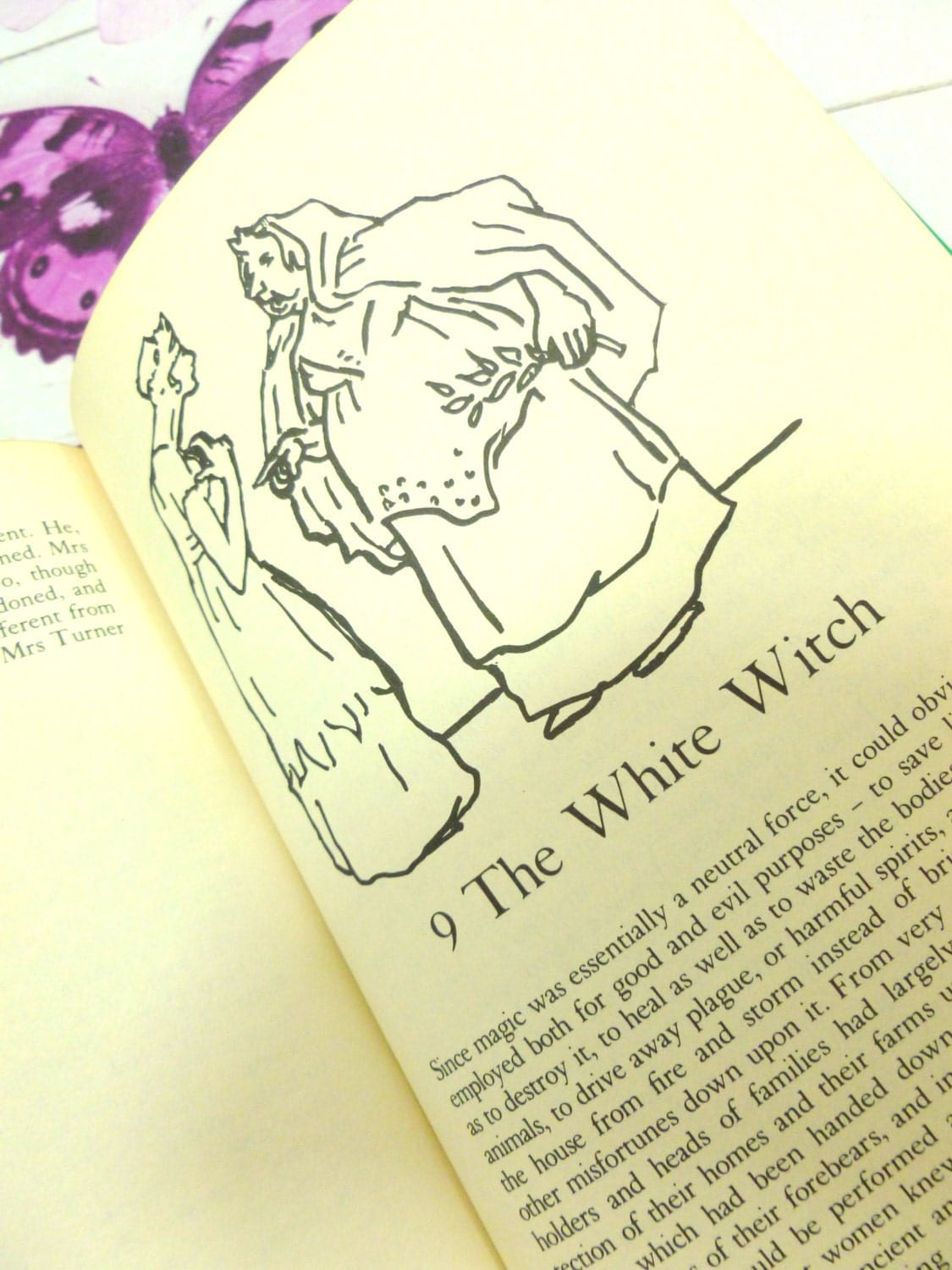 Page of Vintage Witches Book Witchcraft in England Christina Hole 1st Ed. 1977 showing Mervyn Peake illustration of two women with text: The White Witch.