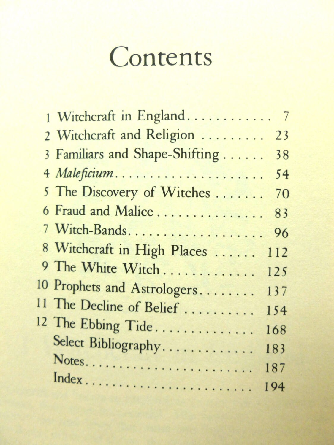 Page of Vintage Witches Book Witchcraft in England Christina Hole 1st Ed. 1977 showing list of contents.